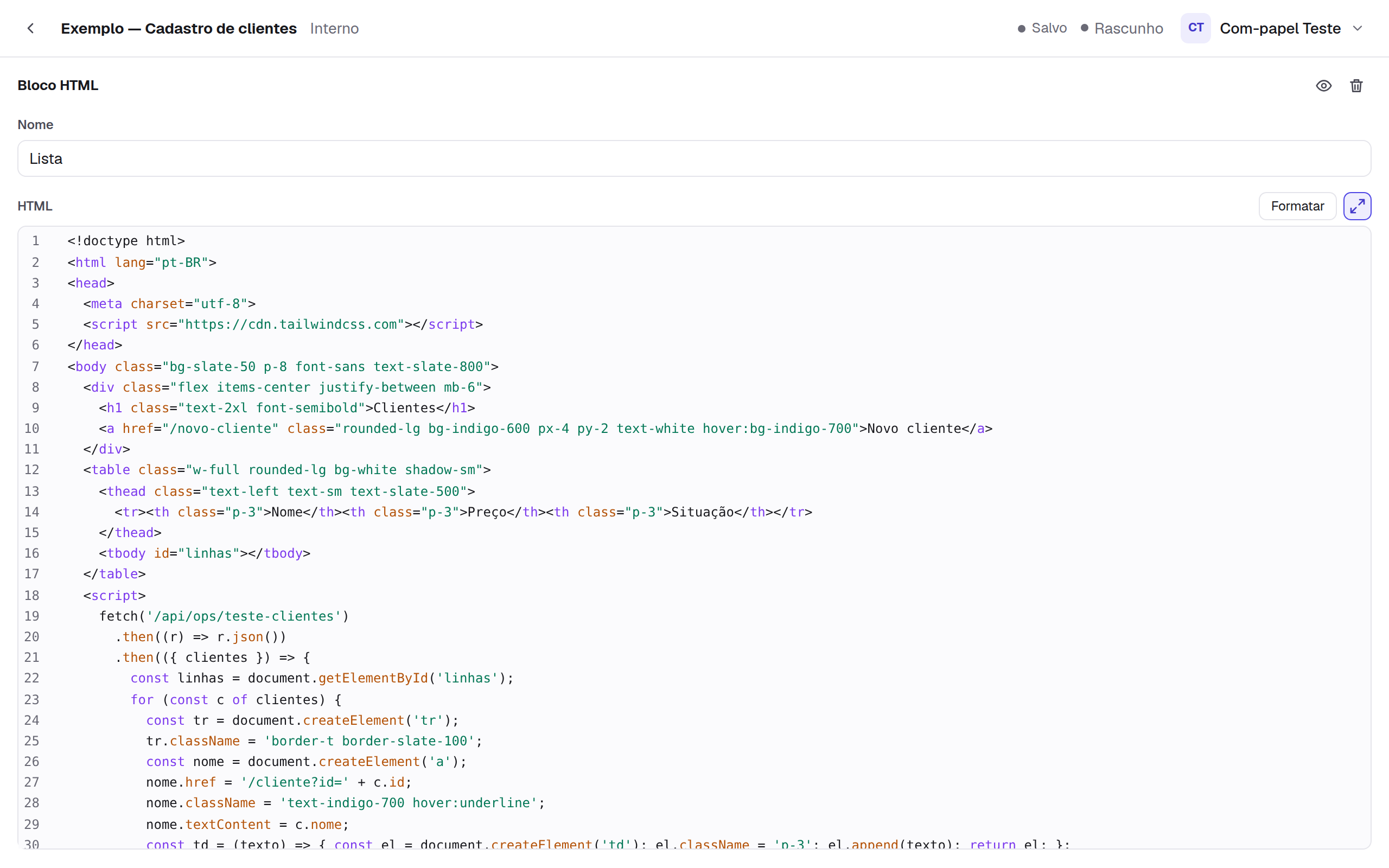 O editor do bloco em tela cheia, abaixo do alto do construtor, com o Formatar e o ícone da tela cheia à direita