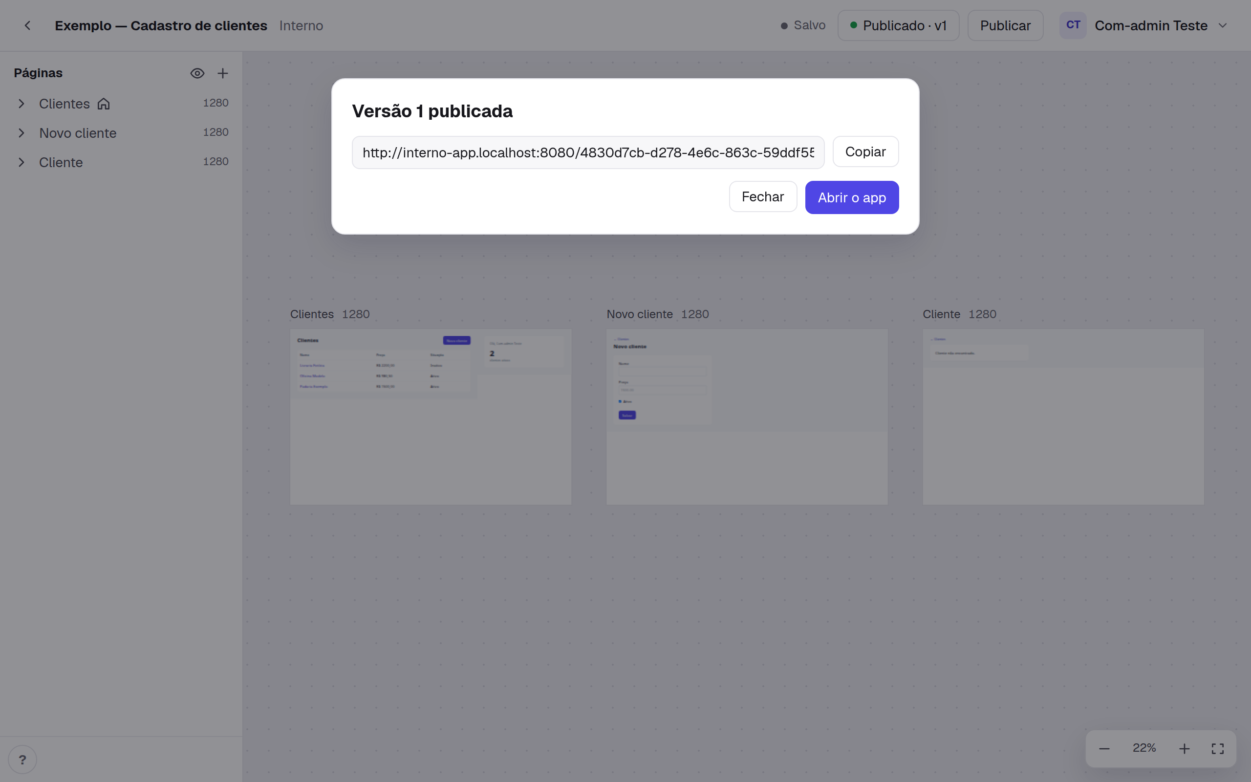 O diálogo Versão 1 publicada, com o link do app, o Copiar, o Fechar e o Abrir o app; no alto, o status verde Publicado · v1