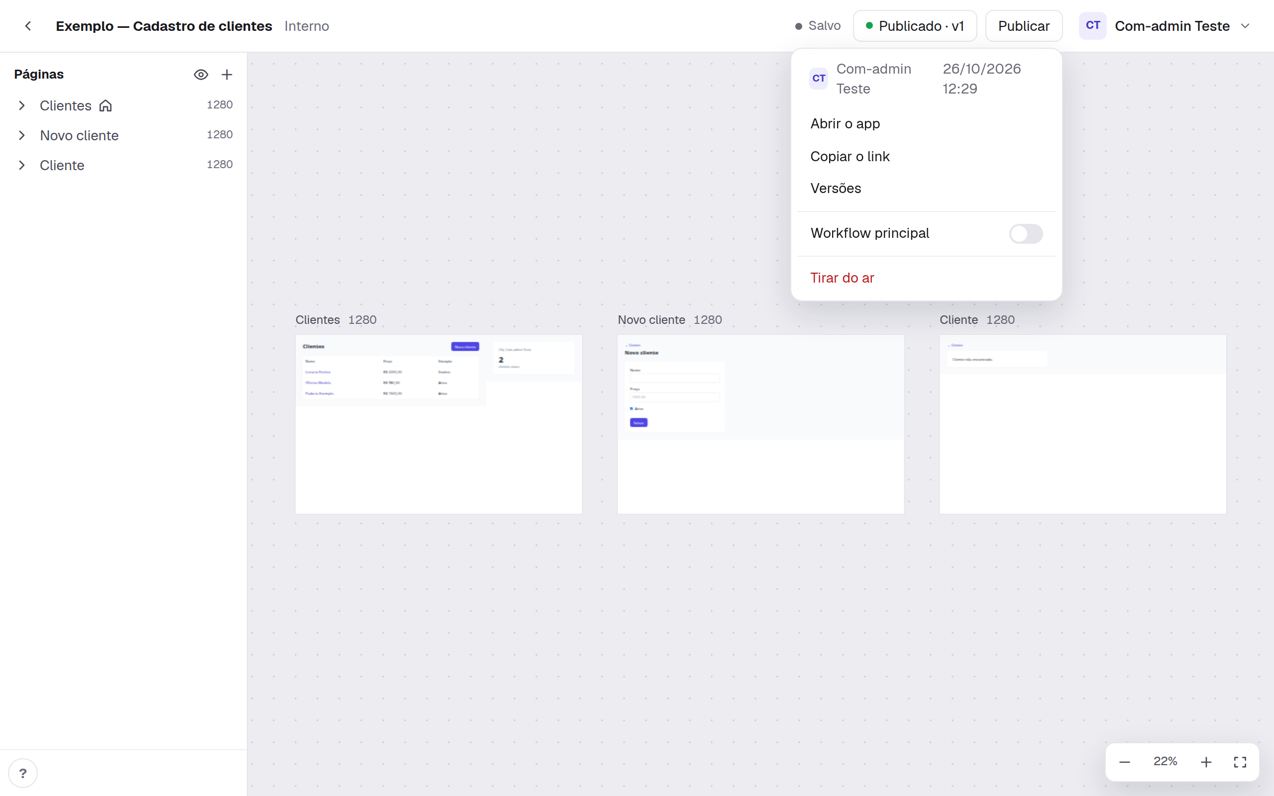 O menu do status Publicado · v1: quem publicou e quando, Abrir o app, Copiar o link, Versões, a chave Workflow principal e Tirar do ar